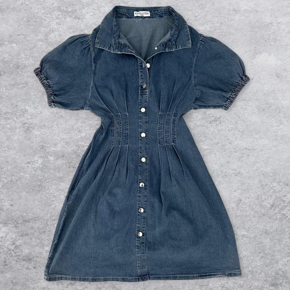 Revelation Womens Blue‎ Denim Puff Sleeve Button Front Pleated Mini Y2k Dress